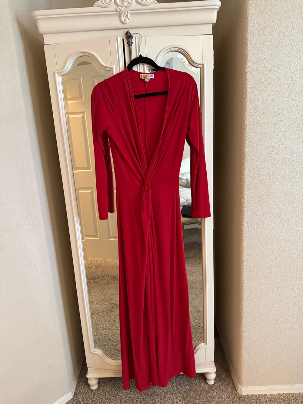 Knot-Front Red Maxi Dress with Long Sleeves & front slit